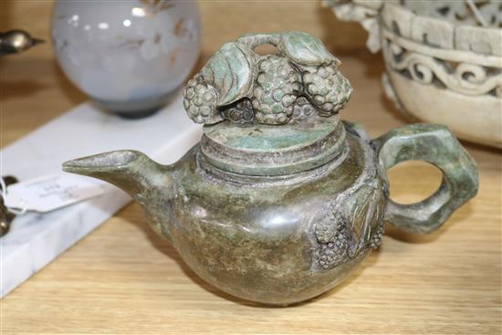 Two Chinese hardstone teapots and a dragon handled dish bowl diameter 25cm